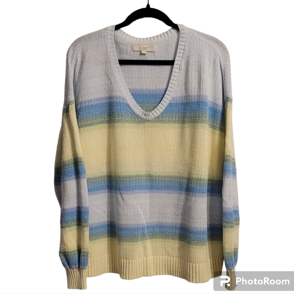 LOFT Knit Sweater Women's XLarge Multi Long Sleeve V-Neck Pastels Soft Casual